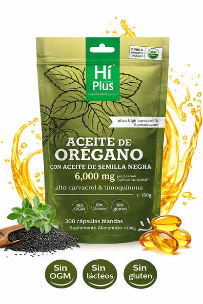 Aceite de Orégano HiPlus con Aceite de Semilla Negra – Cápsulas Blanda