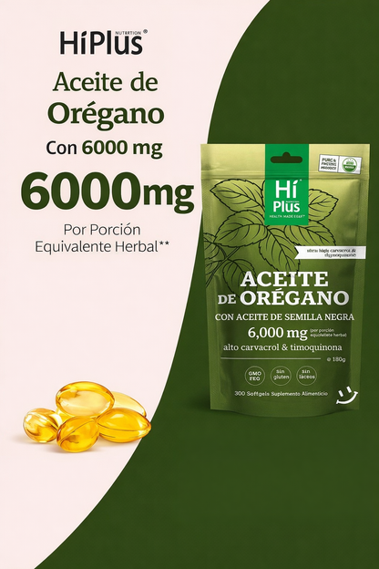 Aceite de Orégano HiPlus con Aceite de Semilla Negra – Cápsulas Blanda